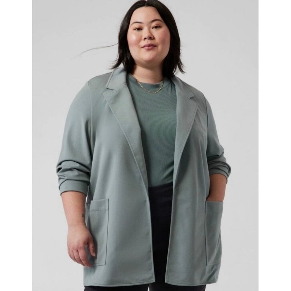 Athleta Minimalistic Eastbound Blazer Women 22 Blue Green Open Front Modal Blend